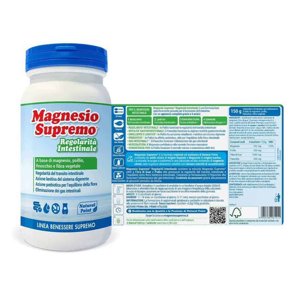 Integratore di magnesio Supremo per il benessere intestinale, ricco di magnesio, PSILLIO, finocchio e fibra vegetale, favorisce il transito intestinale e l'equilibrio della flora batterica, ideale per il benessere digestivo.