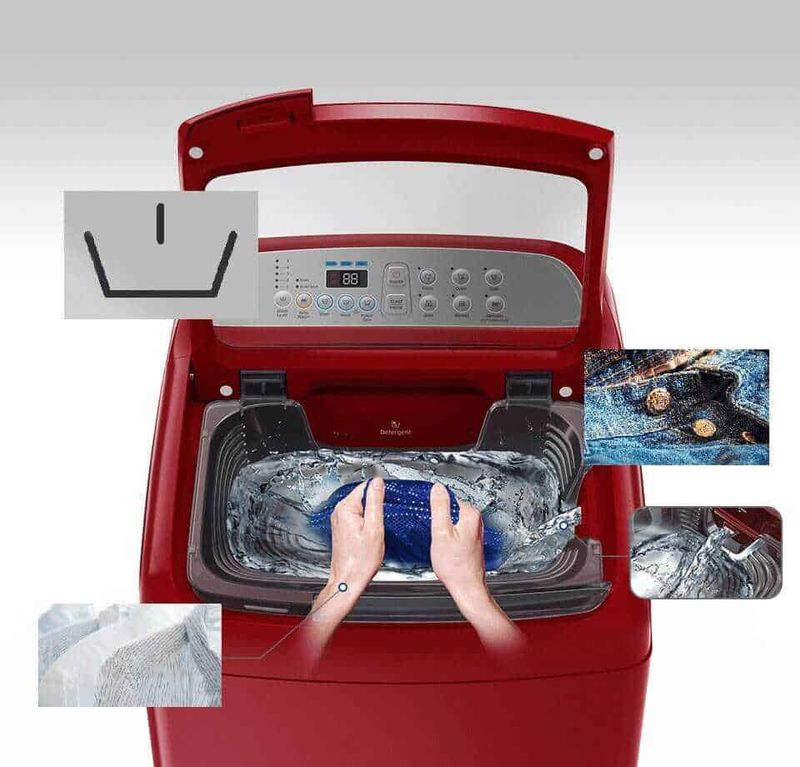 Prelavaggio lavatrice cosa serve 5 pro e contro 4 Lavatrice rossa durante il ciclo di lavaggio con stoviglie, dettagli di vassoi e tessuto, con immagini inserite di stoviglie bisunte e tessuto bagnato, rappresentando pulizia e cura dei capi.