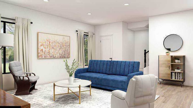 I colori più belli per la tua casa, tendenze 2023 2 Colori per la casa: Sedie moderne e divano blu in soggiorno luminoso con decorazioni minimaliste e grandi finestre per un'atmosfera accogliente e elegante.