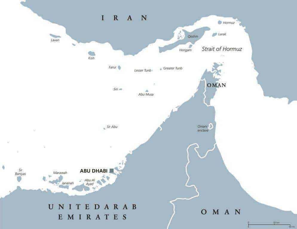 Abu Dhabi mappa degli Emirati Arabi Uniti e Oman, dettagli geografici, isole e zone strategiche del Medio Oriente, importante per studi geopolitici e logistica regionale.