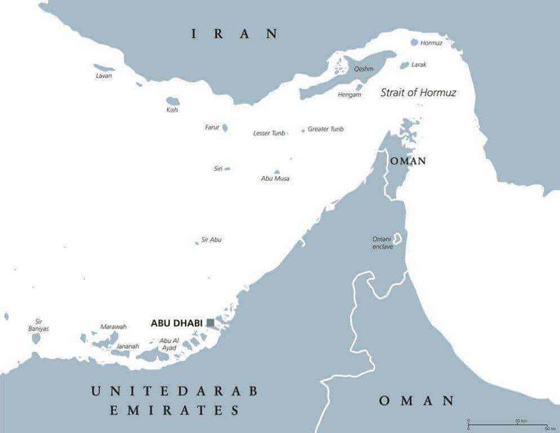 7 stretti navigabili nel mondo per rotte commerciali marittime 4 Abu Dhabi mappa degli Emirati Arabi Uniti e Oman, dettagli geografici, isole e zone strategiche del Medio Oriente, importante per studi geopolitici e logistica regionale.