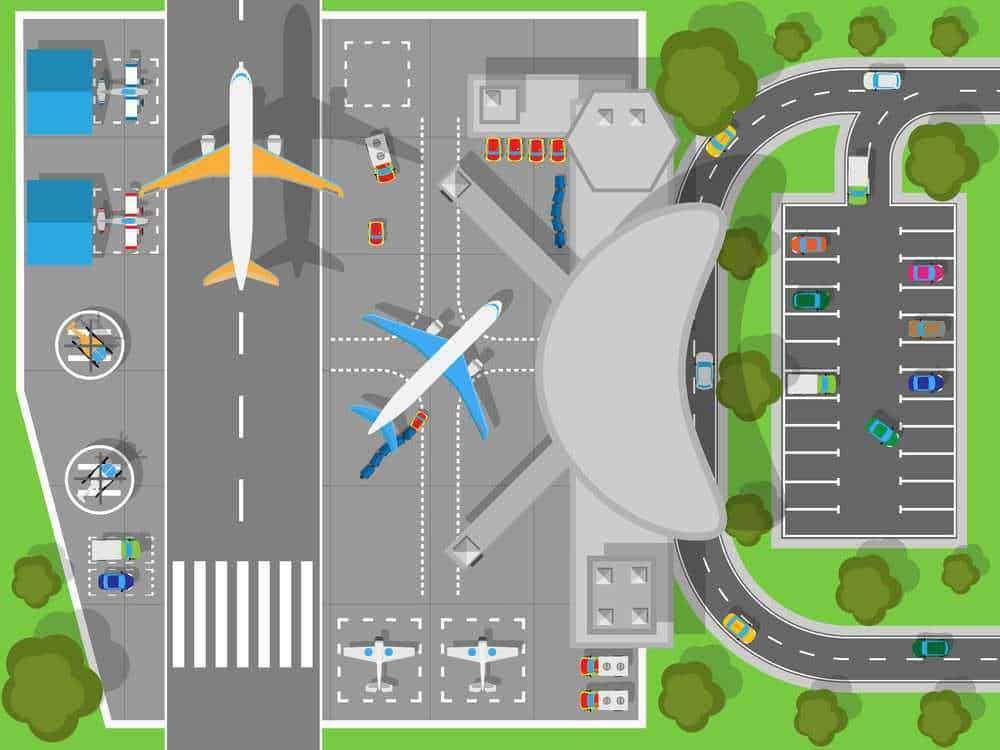 Aereoporto con piste di decollo, parcheggio auto, navetta e aree di servizio, vista dall'alto, con aeroplani e veicoli, rappresentazione moderna di una zona aeroportuale attrezzata e funzionale.