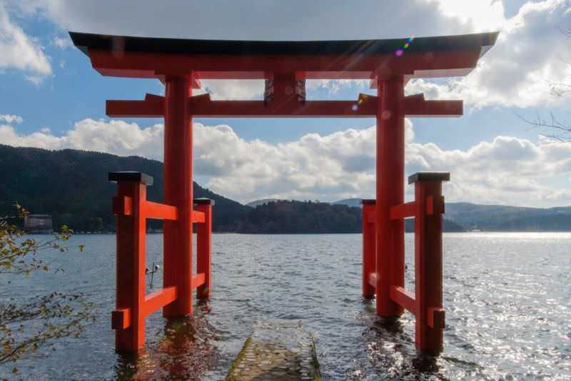 Antico santuario shintoista sul lago, tradizione giapponese, torii rosso immerso nelle acque, paesaggio naturale con montagne e cielo nuvoloso, simbolo di spiritualità e cultura giapponese.