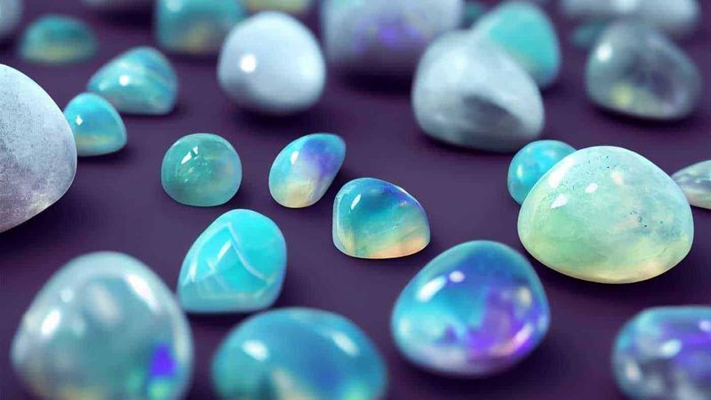 Opali di vetrocolorati con riflessi iridescenti e traslucidi disposti su sfondo scuro, creano un effetto visivo affascinante e luminoso. Perfetto per foto artistiche e decorazioni.