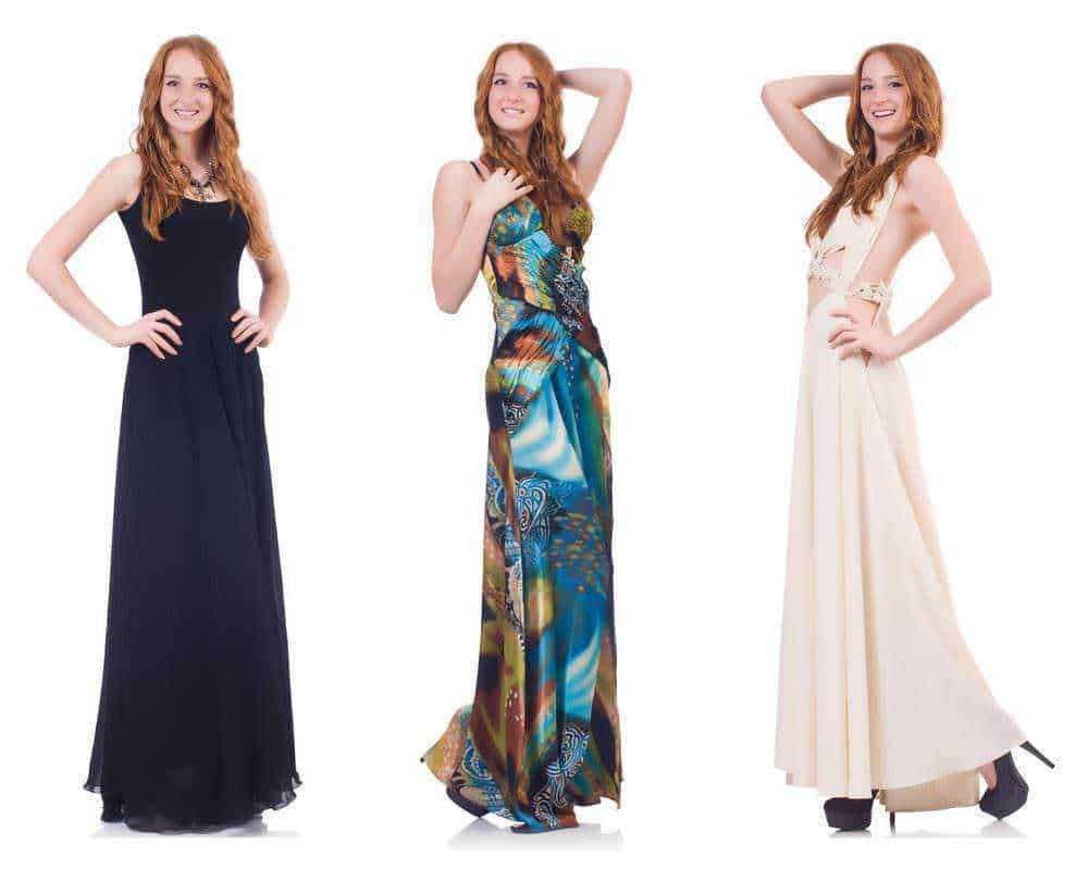 Elegante ragazza con abito lungo nero, abbigliamento estivo con stampa colorata e abito bianco con dettagli in pizzo, modella sorridente in pose diverse.