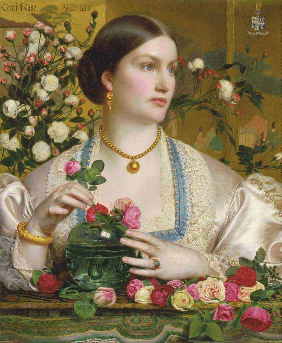 Ritratto di donna con fiori e gioielli, esempio di pittura realistico e dettagliato.