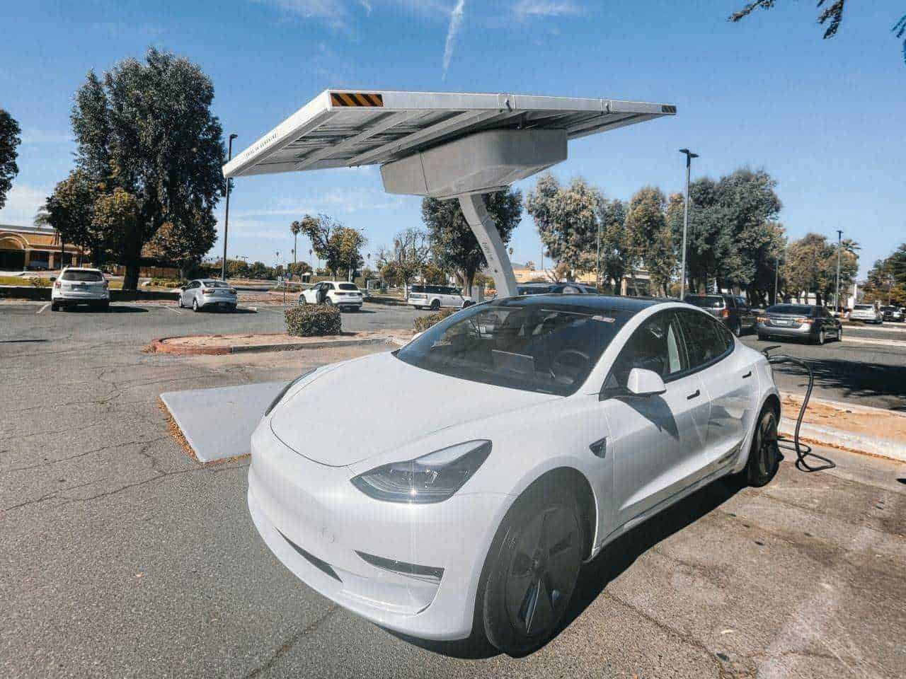 Pannello solare su colonnina di ricarica per veicoli elettrici in parcheggio con auto elettriche, promuovendo energie rinnovabili e mobilità sostenibile.