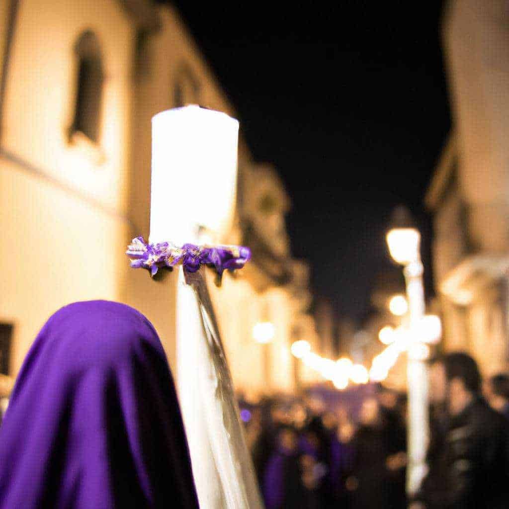 Pasqua in italia: Faro acceso durante una processione notturna con persone vestite di viola, illuminazione calda e atmosfera religiosa nelle strade di un centro storico italiano.