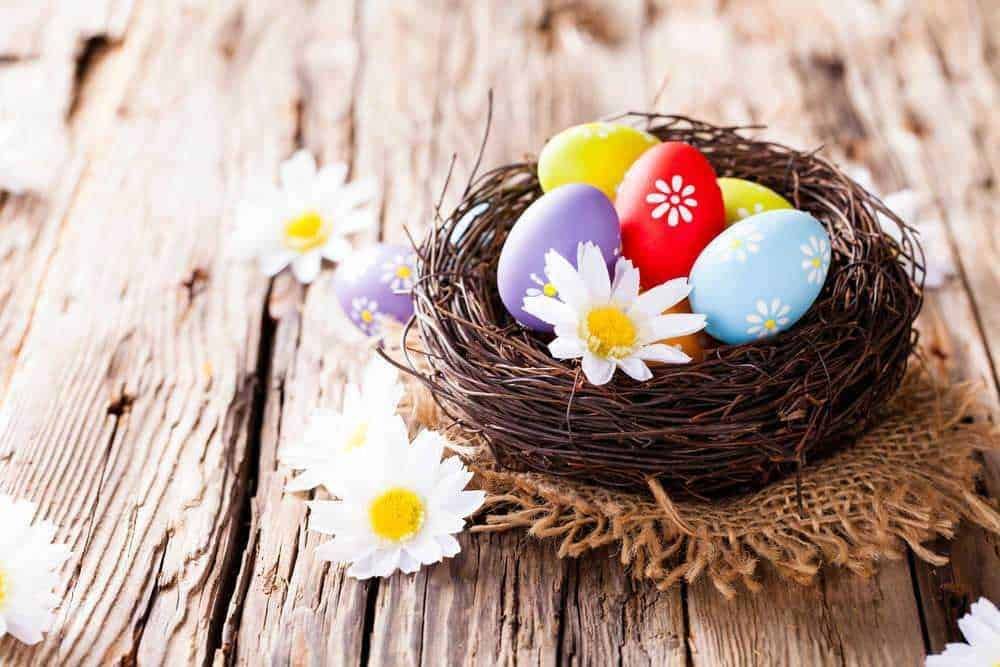 Colorate uova di Pasqua decorate con fiori in giallo, rosso, viola e azzurro in un nido di rami, su tavola di legno, simbolo di Pasqua e primavera, perfetto per decorazioni festive e tradizionali.