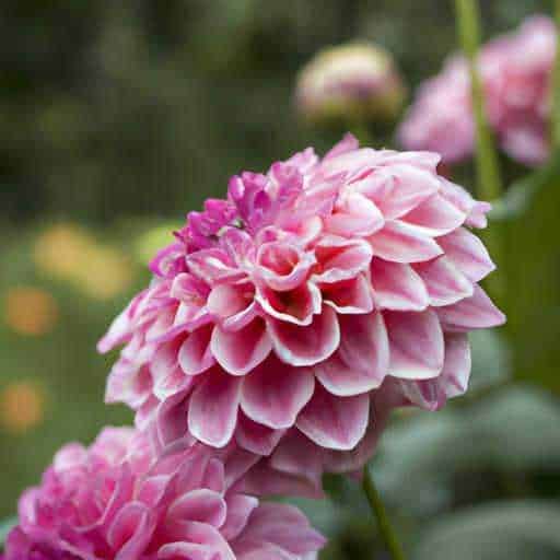 Fiori di dalia rosa in giardino, fiori colorati e vivaci, perfetti per decorazioni floreali e giardinaggio, dettaglio di un fiore di dalia in piena fioritura.