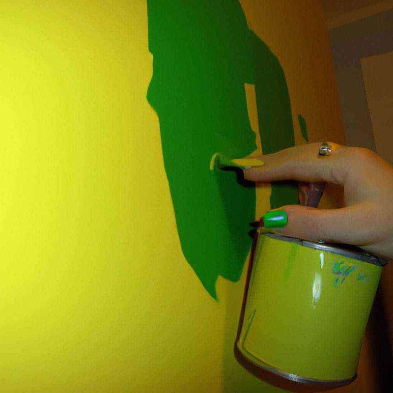 Pennello per vernice che dipinge sul muro giallo-verde, manicure con smalto verde e anello con pietra, immagine di arte e creatività per blog di decorazioni e fai-da-te.