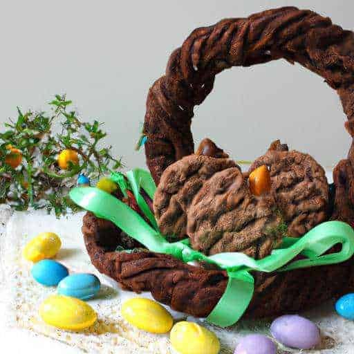 Uova di cioccolato colorate e decorazioni pasquali in un cesto di legno, perfetti per le festività di Pasqua.