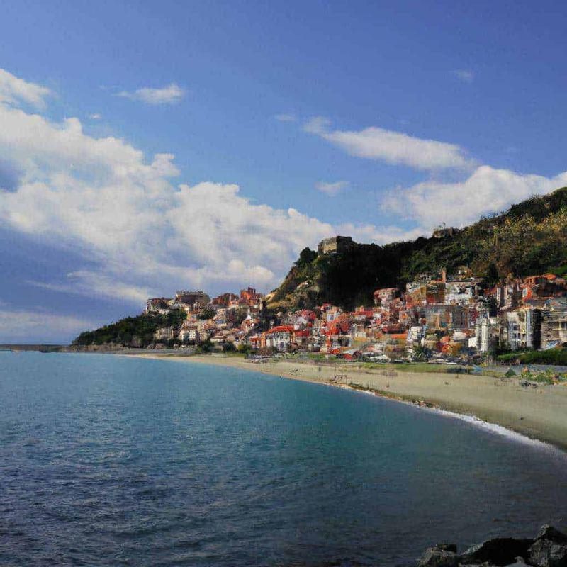 Scegliere un villaggio turistico in Calabria, tra Vibo Valentia 4 Faro, paesaggio costiero, case colorate su collina, mare calmo, cielo nuvoloso, tramonto, villaggio di pescatori, destinazione turistica, costa italiana, relax estivo, turismo in Italia.