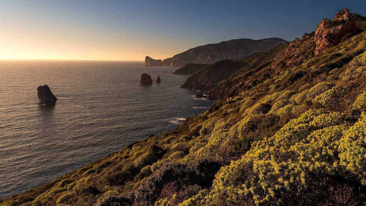 Scogliere e coste del mare al tramonto con vegetazione mediterranea e spruzzi d'acqua, paesaggio naturale suggestivo e scenografico, destinazione ideale per escursioni e relax.