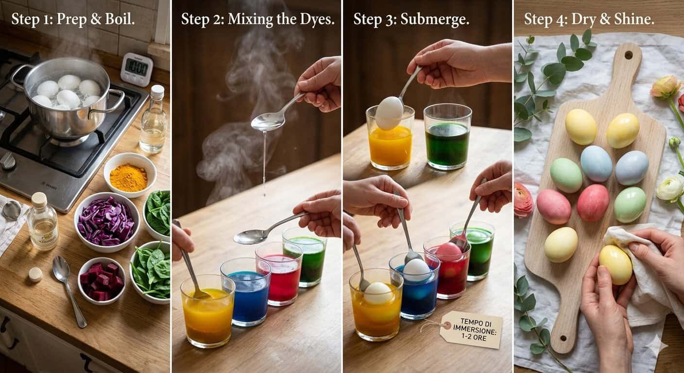 Preparazione uova di Pasqua colorate con bambini, mostrando i passaggi di decorazione e giochi pasquali divertenti per i più piccoli.