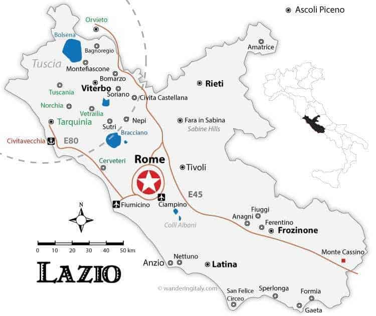 11 Borghi e luoghi da visitare nel Lazio Nord-Ovest 2 Vettoriale mappa della regione Lazio, evidenziando città principali come Roma, Viterbo, Latina e Frosinone, con dettagli stradali e punti di interesse come aeroporti e laghi, ideale per itinerari di viaggio e approfondimenti geografici.