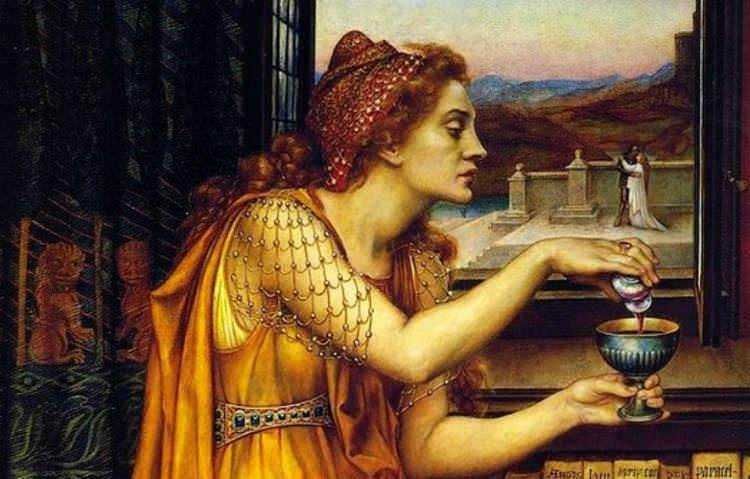 Antico dipinto raffigurante donna in abiti d'epoca che versa vino in coppa, sfondo di paesaggio suggestivo, stile rinascimentale, arte classica, dettaglio artistico, cultura storica italiana.