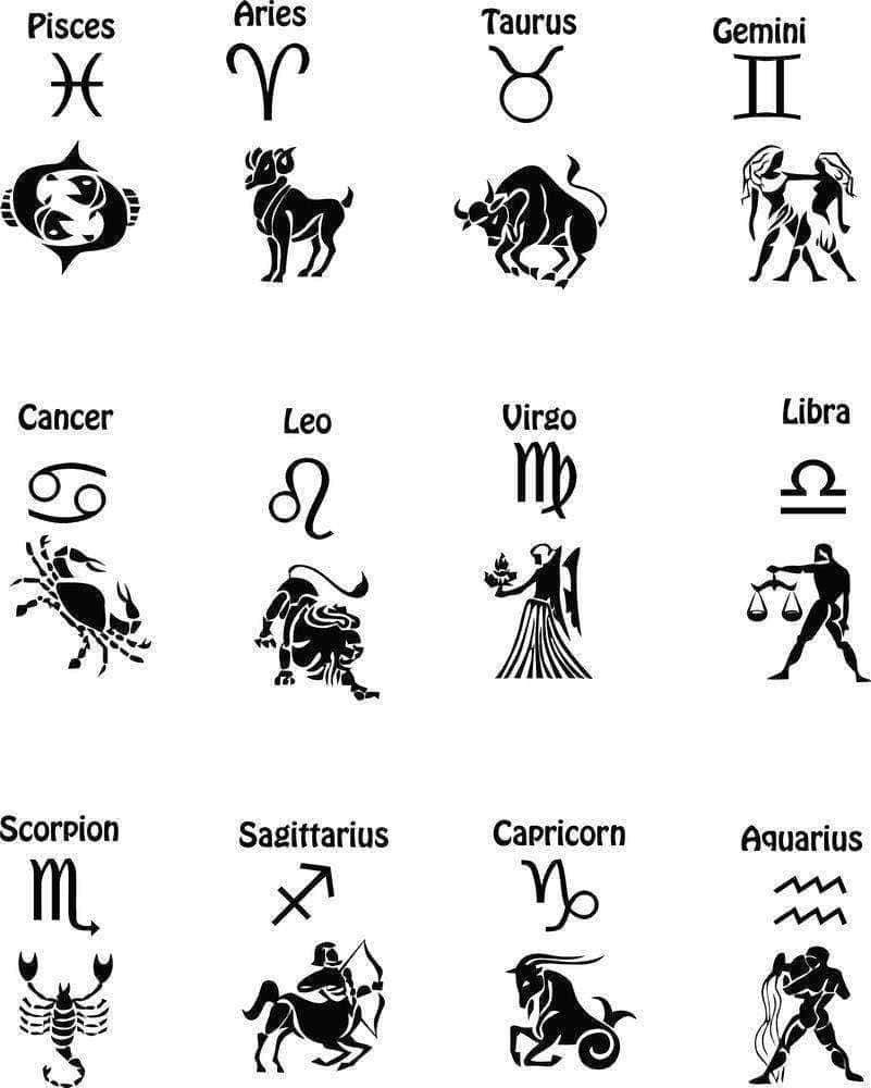 Astrologia segni zodiacali simboli, immagini nere su sfondo bianco.