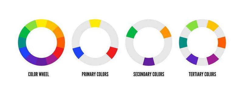 Ruota dei colori con palette di colori primari secondari e terziari, rappresentando teoria del colore per design e arte.