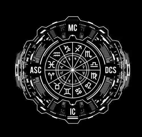 Motivazionale: attrezzatura astrologica con simboli zodiacali, design futuristico nero e bianco, rappresentazione di astrologia, oroscopi e predizioni, ideale per appassionati di astronomia e studi astrologici.