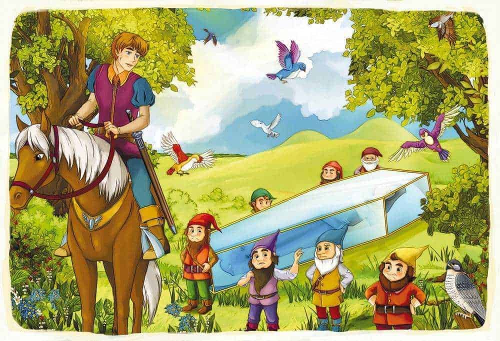 Biancaneve dei fratelli grimm: Appunti-sul-blog-rid-1 Alt text: Narrativa fiabesca con nani, fate e un cavaliere su un cavallo in un paesaggio verde con uccelli e montagne sullo sfondo.