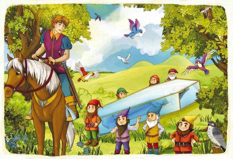 La vera storia di Biancaneve fratelli Grimm 2 Biancaneve dei fratelli grimm: Appunti-sul-blog-rid-1 Alt text: Narrativa fiabesca con nani, fate e un cavaliere su un cavallo in un paesaggio verde con uccelli e montagne sullo sfondo.