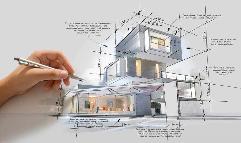Moderno rendering architettonico di una casa contemporanea con schizzi e dettagli tecnici in evidenza, evidenziando progettazione e innovazione nel design edilizio.