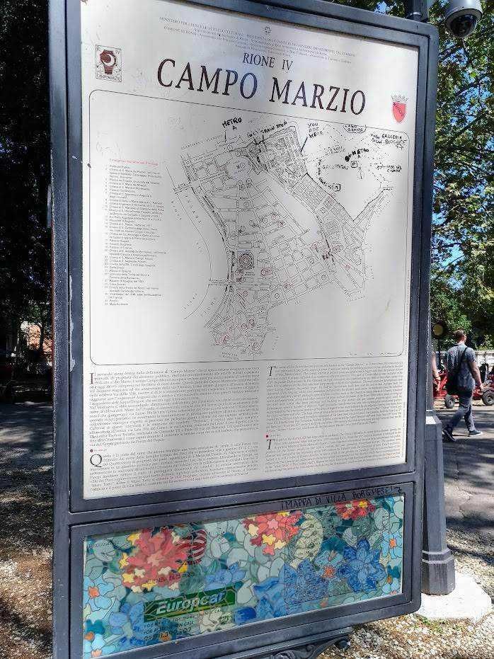 15 Parchi a Roma dove rilassarsi 3 Campo Marzio mappa del quartiere storico di Roma, con dettagli su strade e punti di interesse, ideale per visitatori e appassionati di arte urbana e storia romana.