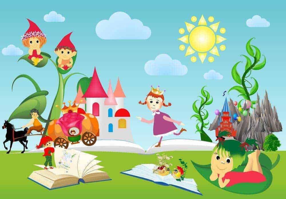 Magia fiabesca con nani e principesse in un paesaggio incantato, castelli, fiori e creature fantastiche, atmosfera magica e giocosa, ideale per bambini e storie di fantasia, illustrazione digitale colorata.
