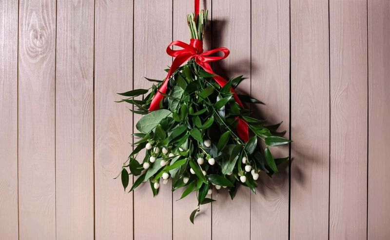 8 Piante natalizie da interno a foglie verdi 3 Bouquet di mirto e agrifoglio decorato con nastri rossi, ideale come decorazione natalizia, simbolo di buon auspicio e tradizione festiva in Italia. Perfetto per le festività e le decorazioni di Natale.