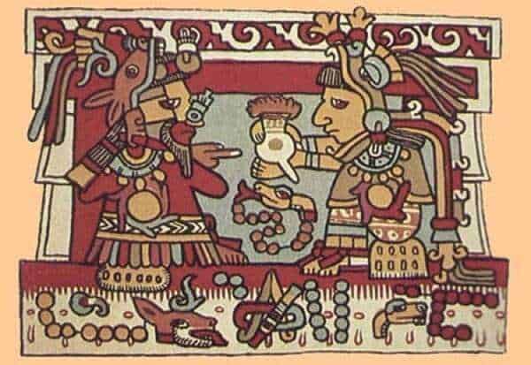 Antico dipinto maya con figure religiose e simboli cerimoniali, dettagliata rappresentazione della cultura precolombiana.