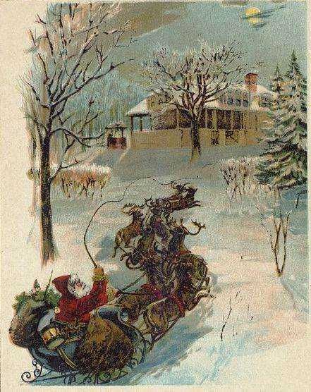 Cavalcata di Babbo Natale con renne in un paesaggio invernale dipinto ad acquerello in stile fantasy. Atmosfera natalizia con neve, alberi spogli e case sullo sfondo, evocando magia e festa.