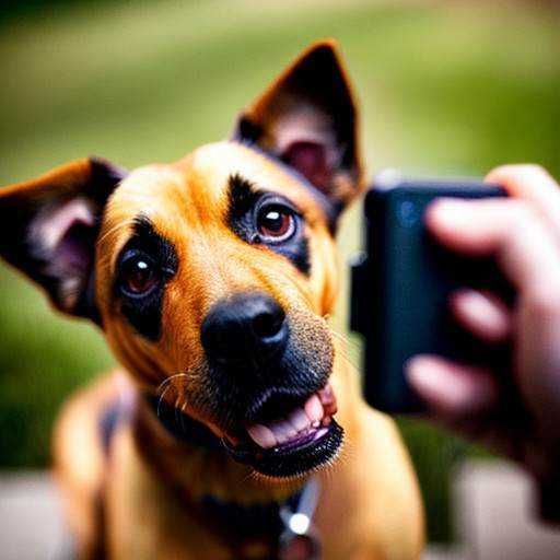 Un cane masticando un telefono cellulare, simbolo di divertimento e innocenza, catturato all'aperto con sfondo verde naturale.