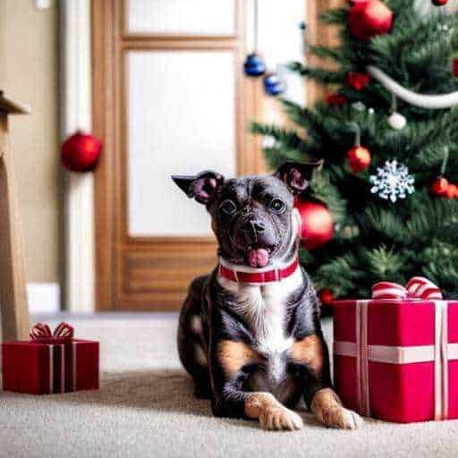 Un cane di razza mista con collare rosso seduto davanti all'albero di Natale decorato con regali colorati, in un ambiente domestico caldo e festivo.