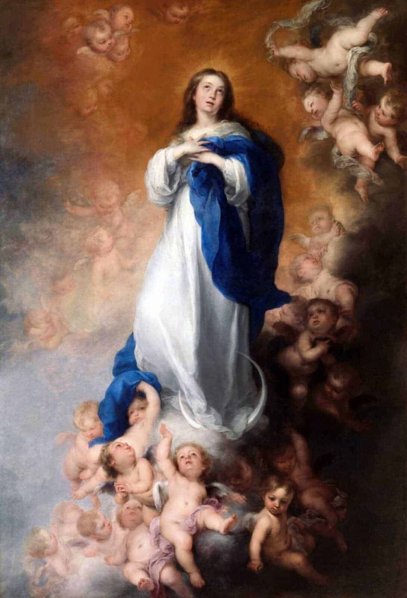 L'Immacolata Concezione nella cultura popolare 4 Vergine Maria con angeli e cherubini in un dipinto barocco, simbolo di spiritualità, fede cristiana e arte sacra, con dettagli artistici altamente espressivi e colori vivaci.