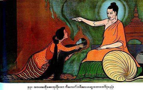 Immagine di Buddha che riceve offerte, tradizione spirituale e pratiche di rispetto nel Buddhismo, con contesto artistico e culturale tradizionale.