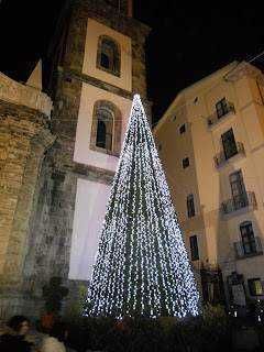 Natale a Cava dei Tirreni. Albero di Natale decorato con luci LED a motivi natalizi in una piazza storica di notte, con edifici antichi e campanile sullo sfondo. Perfetto come decorazione natalizia urbana.