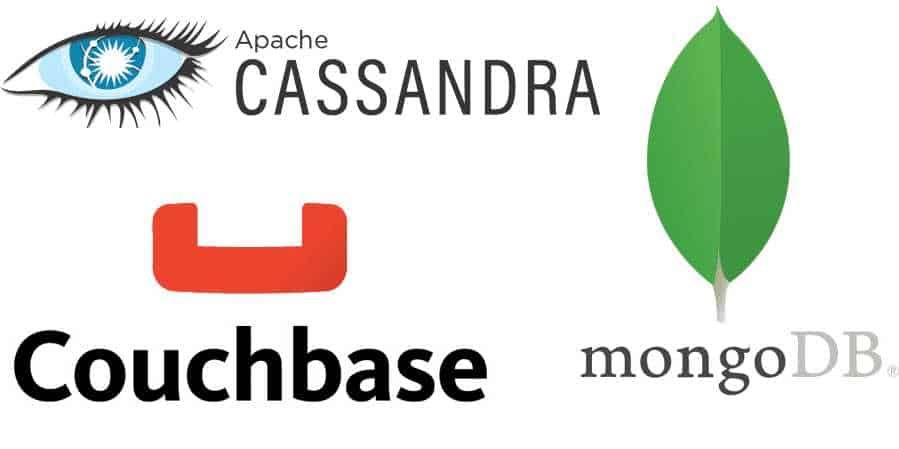 Cassandra Couchbase e MongoDB logo: database NoSQL molto utilizzate per sviluppare applicazioni scalabili e performanti. Soluzioni di gestione dati moderne per sviluppatori e aziende tecnologiche.