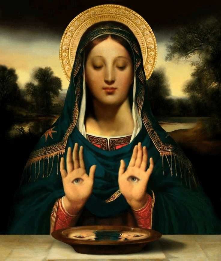 Santi e simboli religiosi, immagine di Madonna con mani a forma di occhi in un contesto naturale, rappresentazione spirituale e fede cattolica, immagine artistica e iconografica.