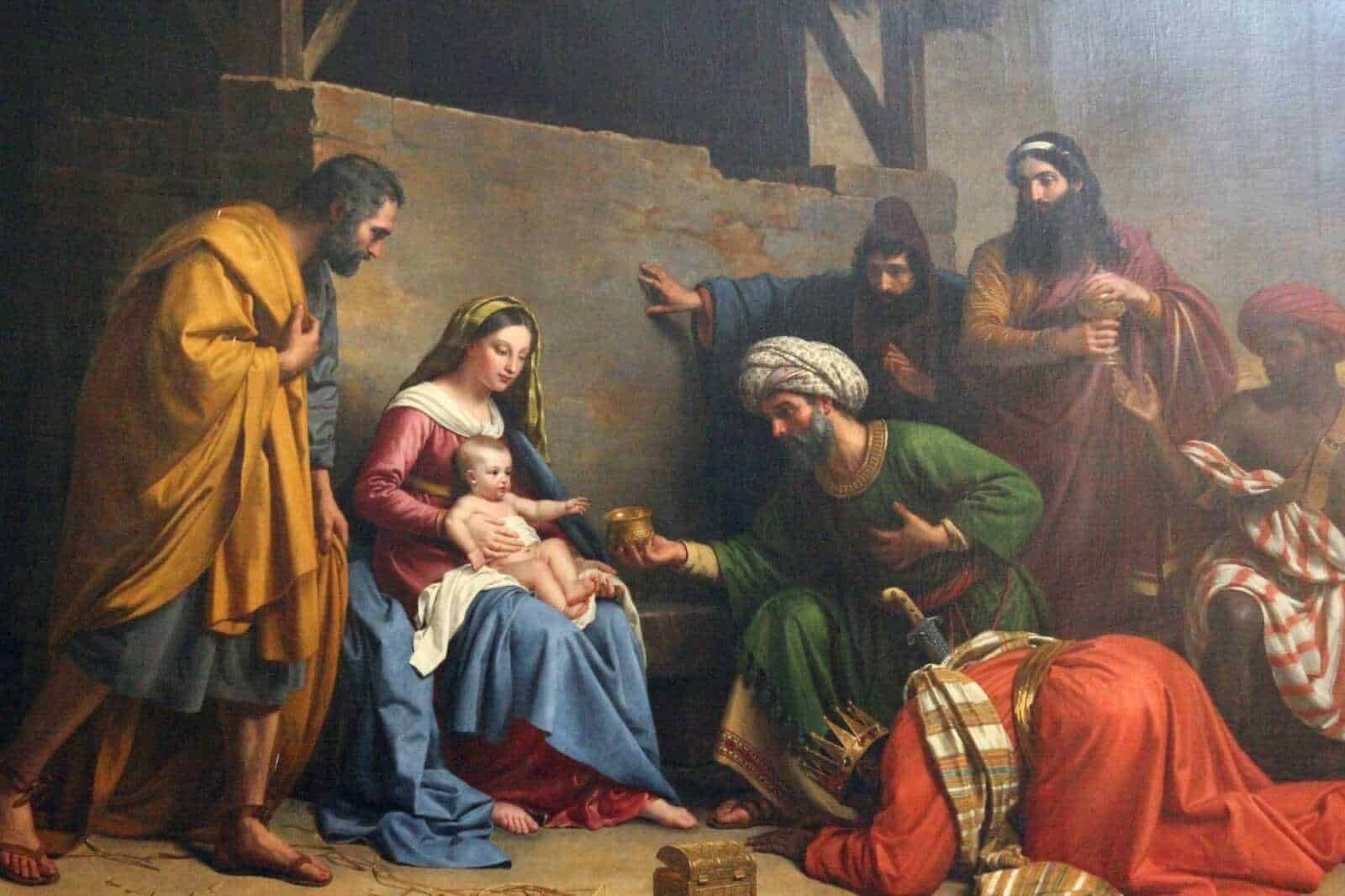 Presepe di Gesù bambino con maria, Giuseppe, re magi e pastori in un dipinto religioso di stile classico. Scene bibliche rappresentanti l'adorazione del bambino Jesus con dettagli storici e spirituali.