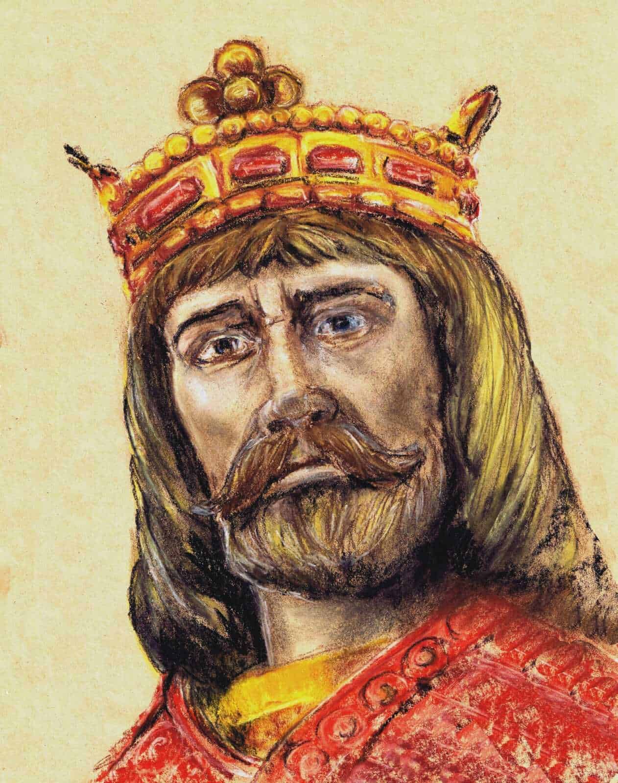 Ritratto di un sovrano medievale con corona decorata, barba folta e abbigliamento regale, realizzato in stile pittorico per illustrare figure storiche e monarchiche italiane.