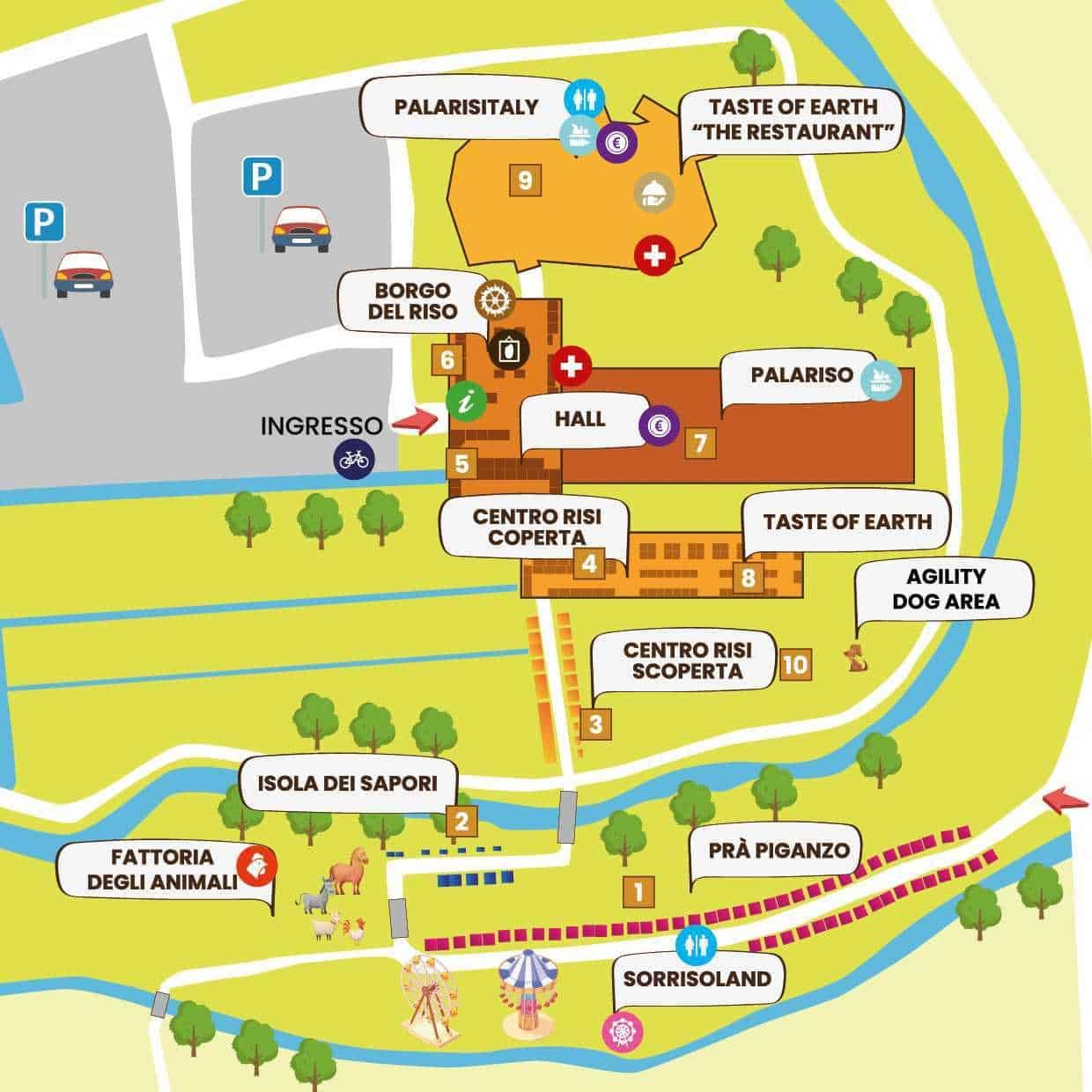 mappa illustrativa del parco tematico con aree per famiglie e attrazioni turistiche, inclusi prati, zone per cani, ristoranti e aree giochi, evidenziando punti di interesse principali e servizi offerti.