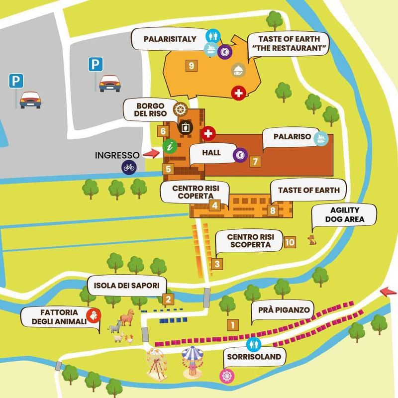 Fiera del Riso a Isola della Scala: Guida, Storia e Cosa Mangiare (2026) 4 mappa illustrativa del parco tematico con aree per famiglie e attrazioni turistiche, inclusi prati, zone per cani, ristoranti e aree giochi, evidenziando punti di interesse principali e servizi offerti.