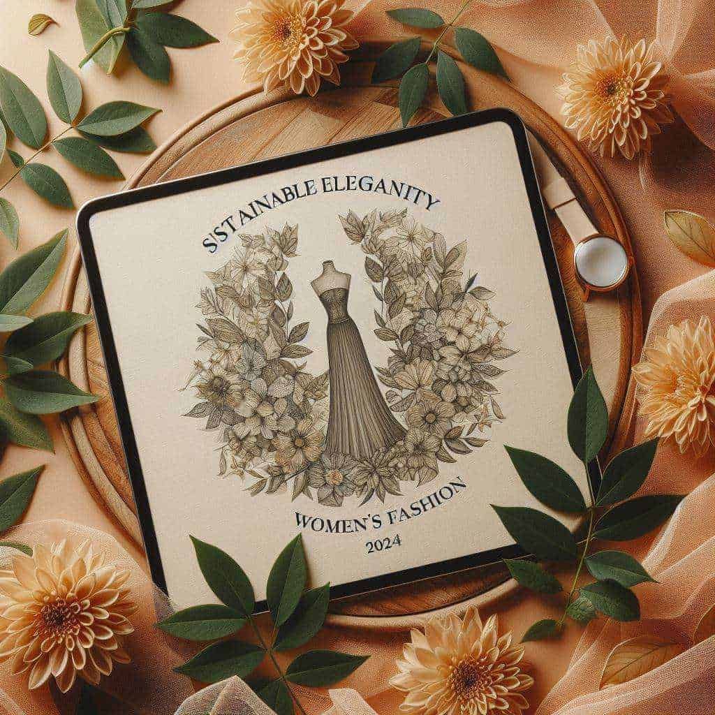 Sustainable elegance Women's Fashion 2024 logo on tablet surrounded by flowers and leaves, emphasizing eco-friendly clothing, fashion trends, and sustainable style for women in 2024.