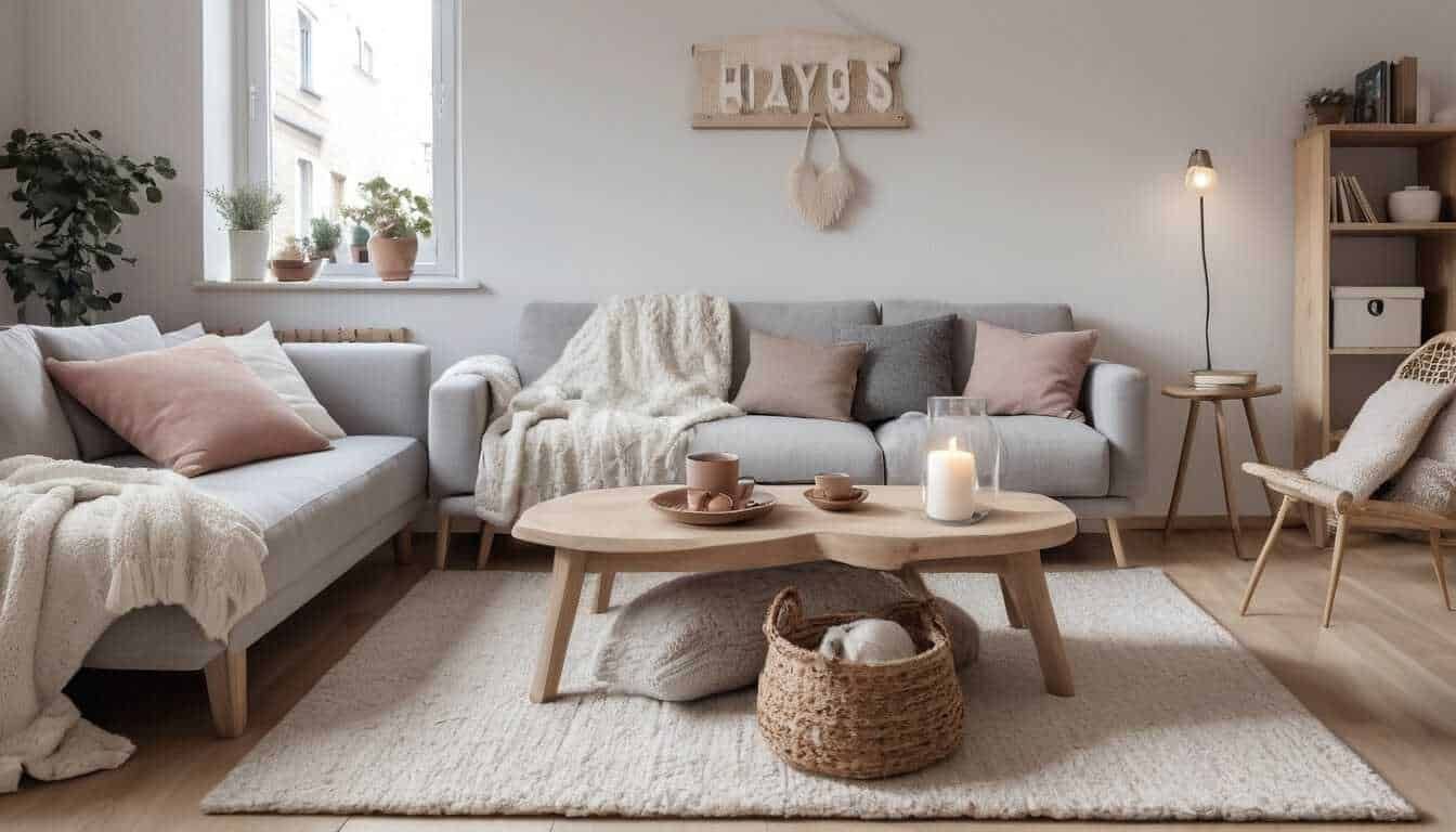 Soggiorno dallo stile minimalista con divani color crema, tavolino in legno naturale, decorazioni in toni pastello e tocchi di piante verdi, creando un ambiente accogliente e rilassante.