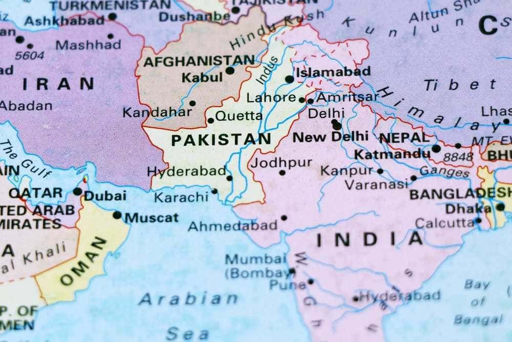Mappa del Pakistan e dell'India in Asia meridionale