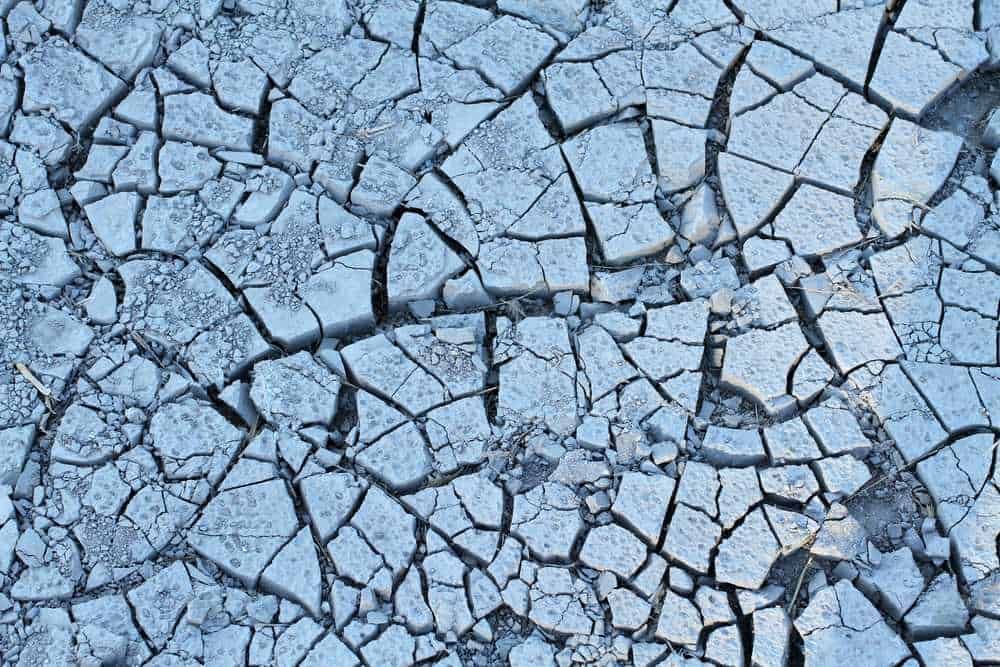 Cracked dry earth surface with irregular fissures and broken pieces, close-up.