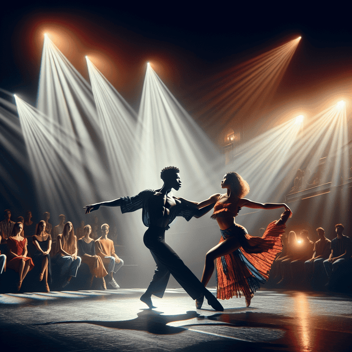 La Danza Oggi: dalle Scuole ai Palcoscenici Internazionali 1 Elegante coppia di ballerini che si esibisce sotto luci da palco durante uno spettacolo di danza, con un pubblico in background. Immagine di alta qualità che cattura il movimento e l’energia della performance artistica.