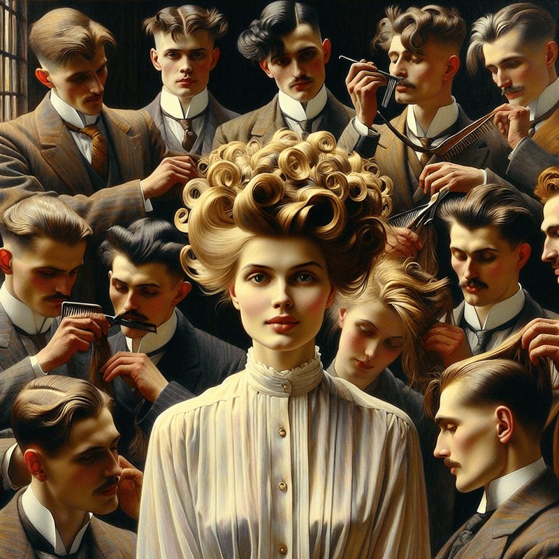 Ragazza con acconciatura memorabile circondata da uomini con stili vintage, capelli perfettamente ondulati, abbigliamento d'epoca, stile retrò, eleganza vintage, moda anni 20, ambientazione storica, scena di barberia anni '30, bellezza classica.