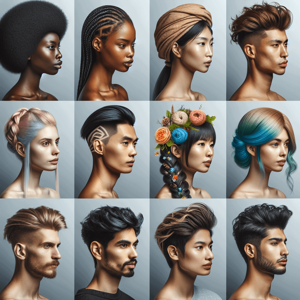 Sophisticated diverse hairstyles on models showcasing creativity e nelle tendenze dei tagli di capelli moderni per uomini e donne.